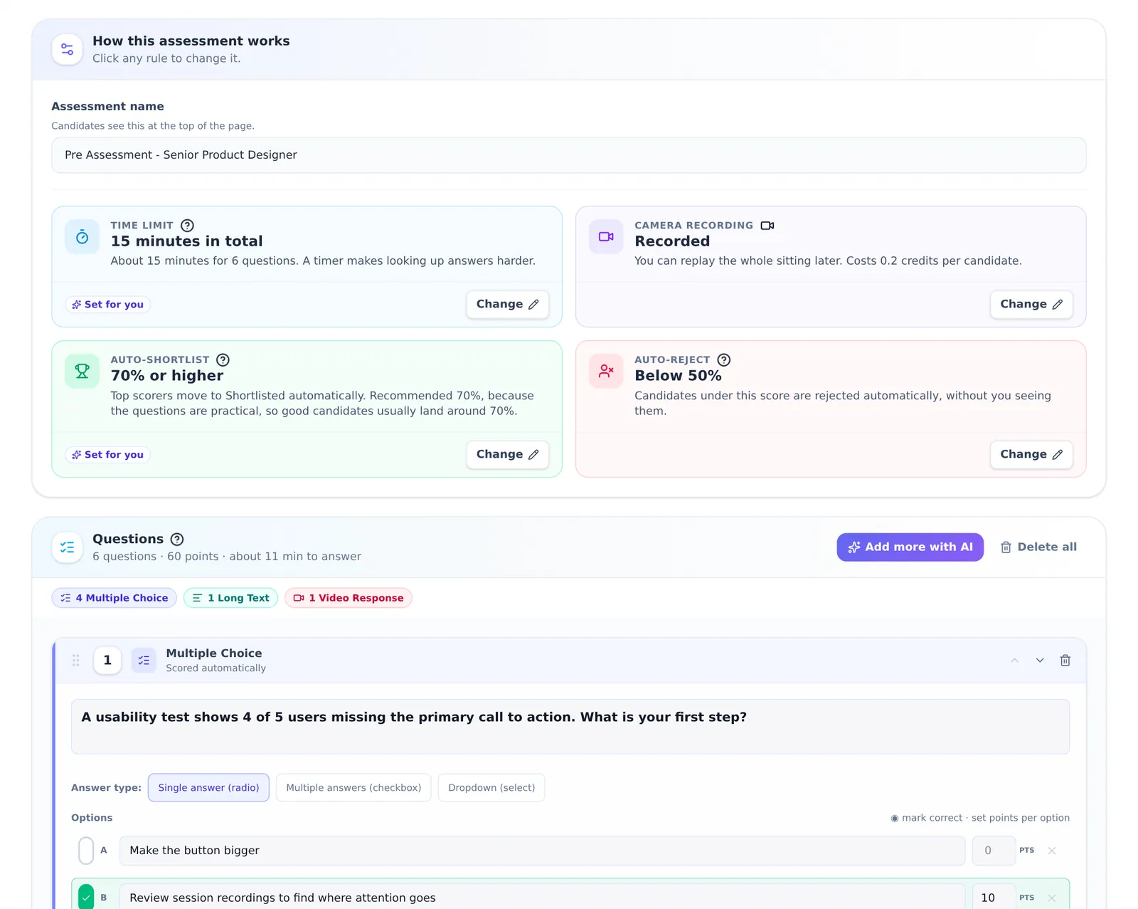 AiHire AI assessment builder: A full assessment in one click